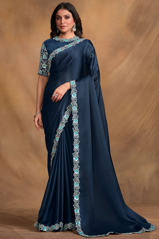 Navy Blue Color Fancy Fabric Attractive Embroidered Saree With Designer Blouse