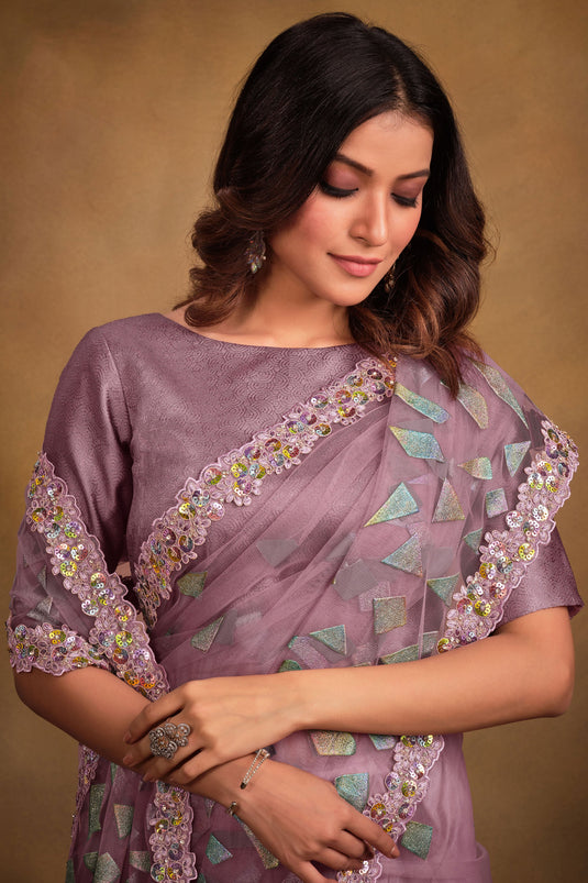 Festive Wear Lavender Color Fancy Fabric Embroidered Saree With Designer Blouse