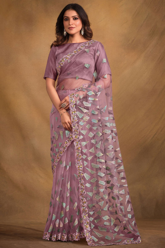 Festive Wear Lavender Color Fancy Fabric Embroidered Saree With Designer Blouse