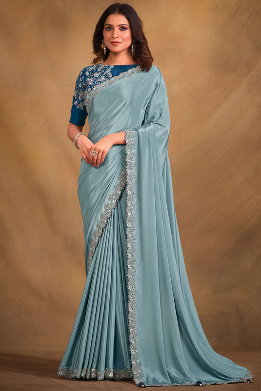 Light Cyan Color Fancy Fabric Festive Wear Embroidered Saree With Designer Blouse