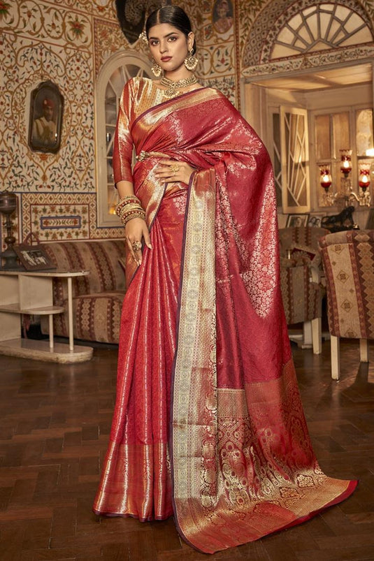 Red Color Art Silk Fabric Riveting Kanjivaram saree