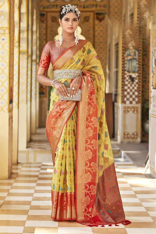 Excellent Art Silk Fabric Yellow Color Floral Printed Saree