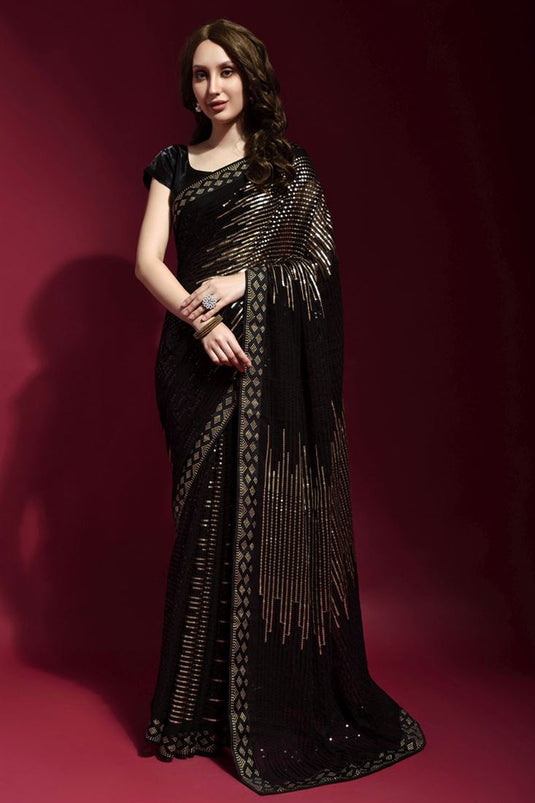 Sequins Work On Captivating Georgette Fabric Party Style Saree In Black Color