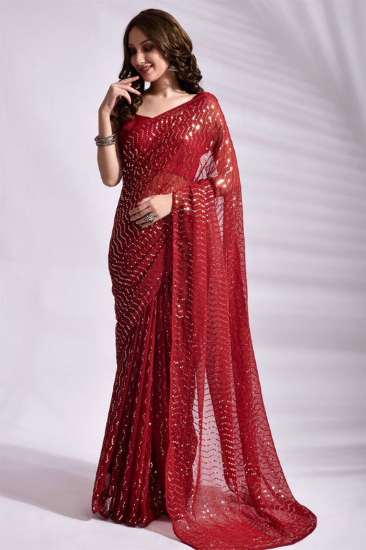 Sequins Work In Red Color Party Look Georgette Fabric Glamorous Saree