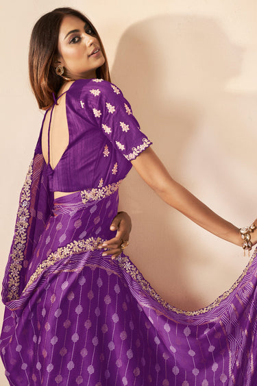 Art Silk Fabric Wedding Wear Purple Color Fancy Thread Work Saree