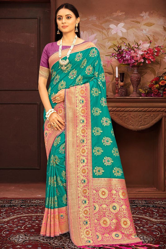 Sea Green Color Weaving Designs On Wonderful Banarasi Silk Saree