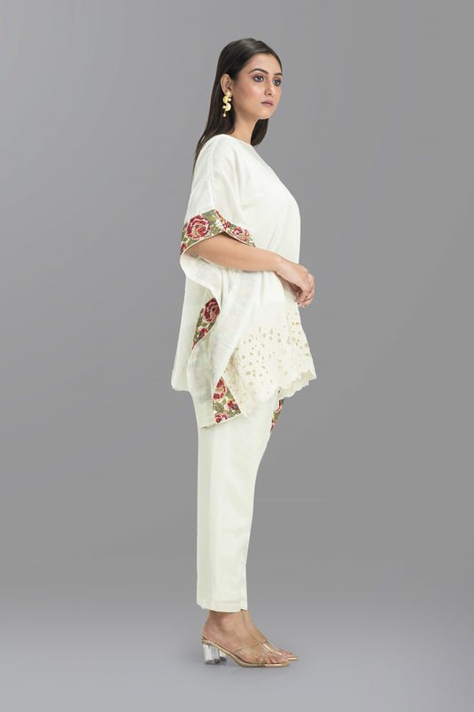 Exclusive Off White Cotton Fabric Printed Mandarin Collar Kaftan Style Readymade Co Ord Set