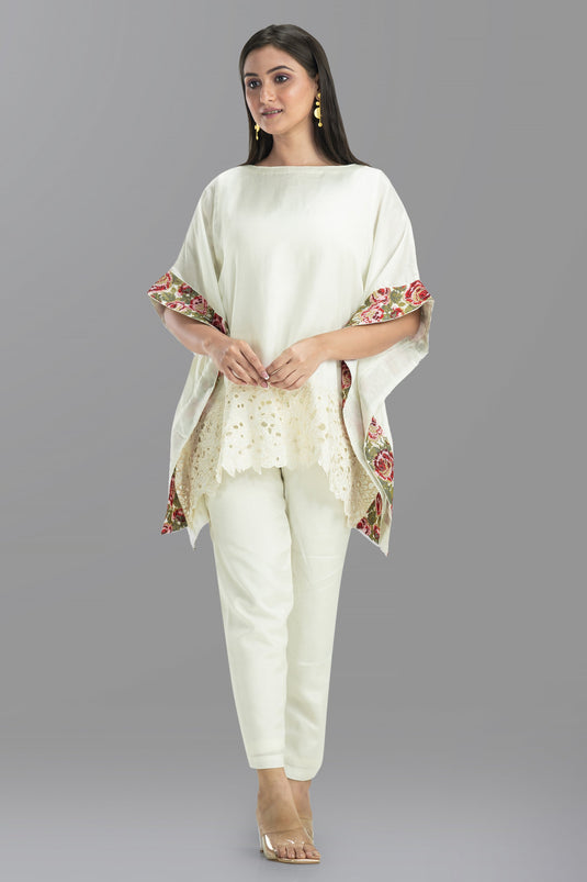 Exclusive Off White Cotton Fabric Printed Mandarin Collar Kaftan Style Readymade Co Ord Set