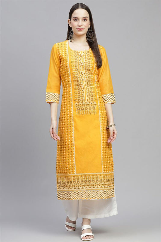 Yellow Color Chanderi Fabric Casual Simple Kurti With Palazzo