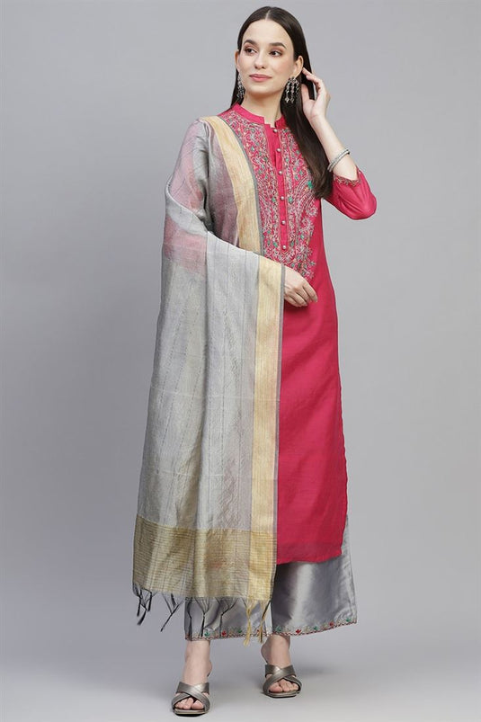 Pink Color Chanderi Fabric Casual Stylish Kurti With Palazzo