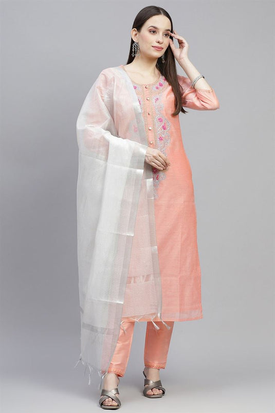 Peach Color Chanderi Fabric Casual Stylish Kurti