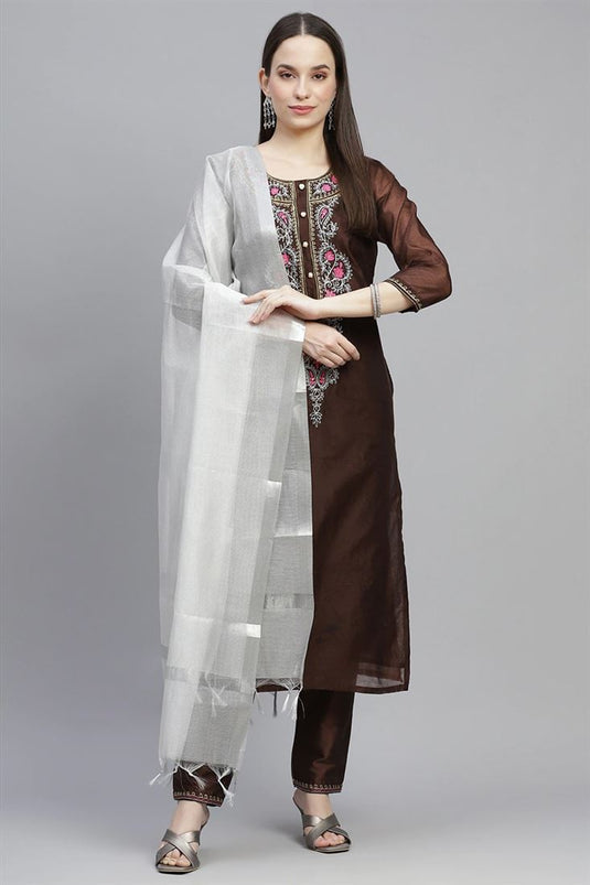 Brown Color Chanderi Fabric Daily Wear Trendy Kurti