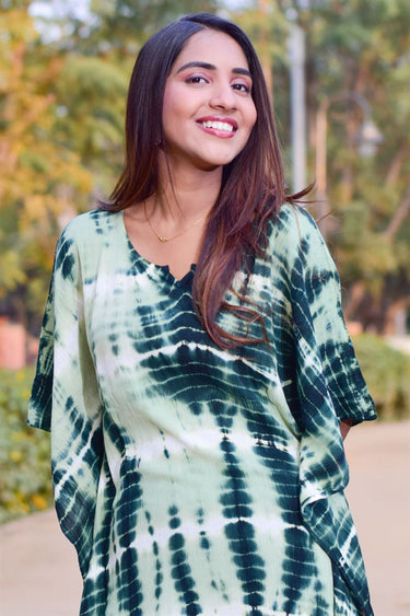 Festive Wear Hand Dyed Rayon Fabric Sea Green Color Kaftan Dress