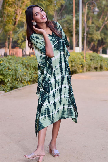 Festive Wear Hand Dyed Rayon Fabric Sea Green Color Kaftan Dress