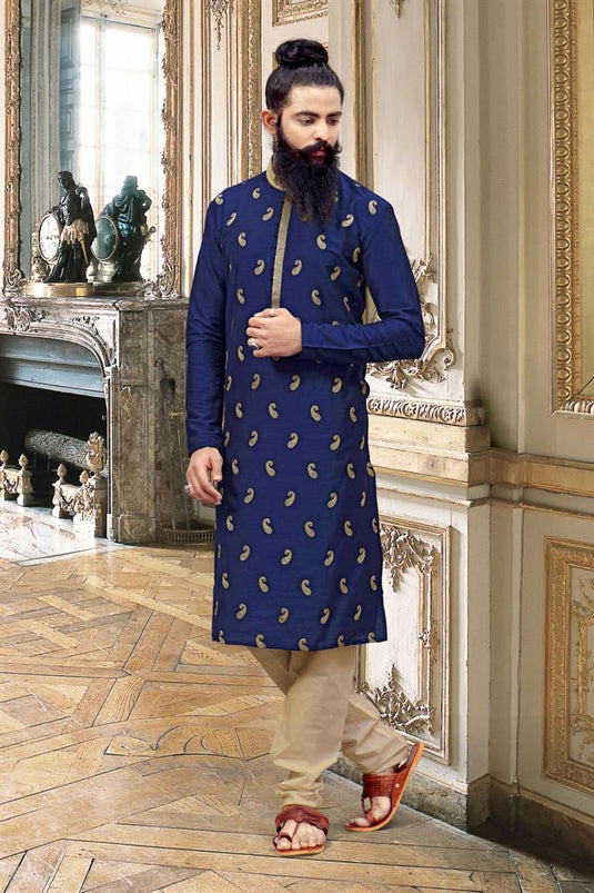 Captivating Blue Color Art Silk Fabric Sangeet Wear Trendy Readymade Kurta Pyjama For Men