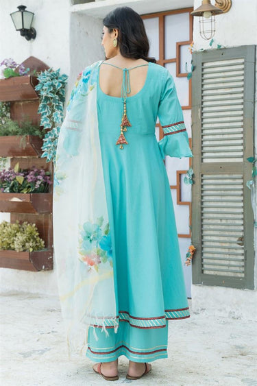 Creative Cotton Fabric Casual Wear Anarkali Style Top Bottom Dupatta Set In Cyan Color