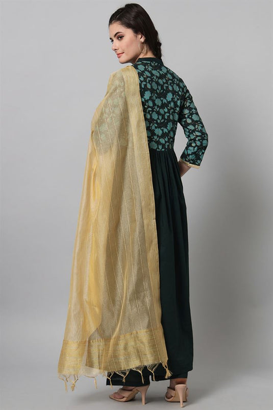 Dark Green Color Rayon Fabric Lovely Top Bottom Dupatta Set