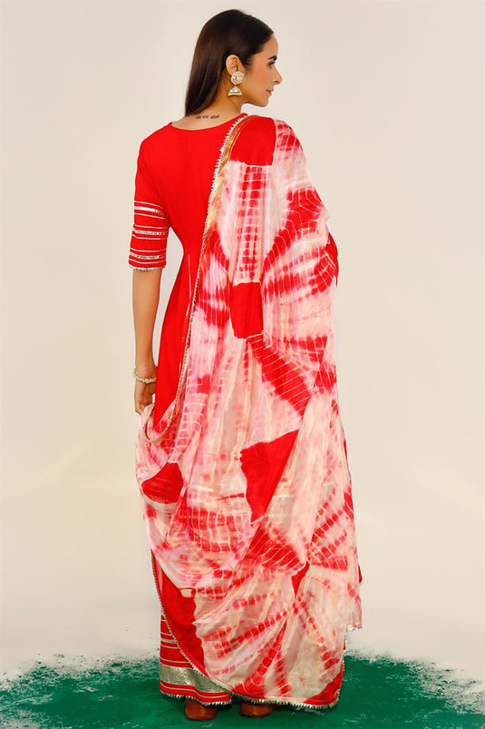 Engaging Red Color Rayon Fabric Printed Top Bottom Dupatta Set