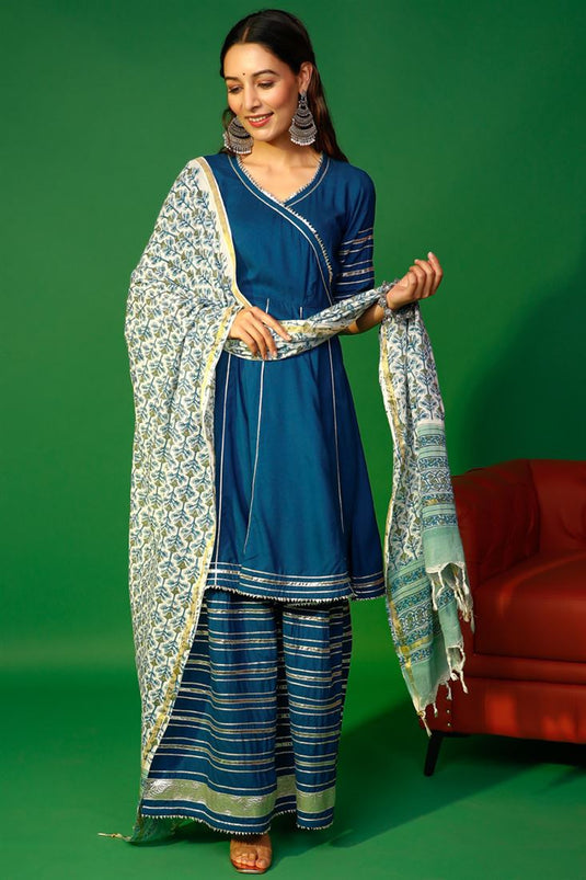 Creative Printed Top Bottom Dupatta Set In Blue Color Rayon Fabric
