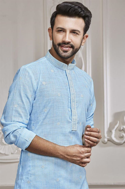 Engaging Sky Blue Color Embroidered Cotton Fabric Kurta Pyjama