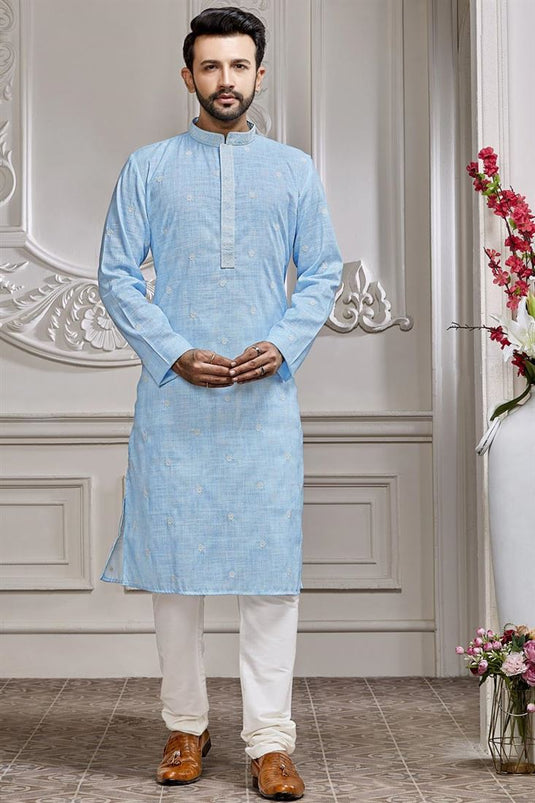 Engaging Sky Blue Color Embroidered Cotton Fabric Kurta Pyjama