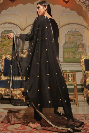 Ingenious Embroidered Black Color Cotton Top Bottom Dupatta Set