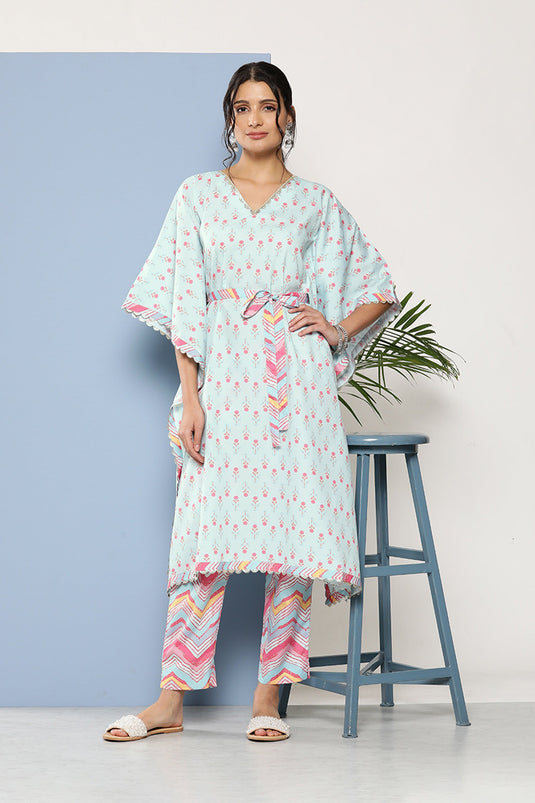 Exclusive Printed Crepe Fabric Readymade Kurti Bottom Set In Sea Green Color