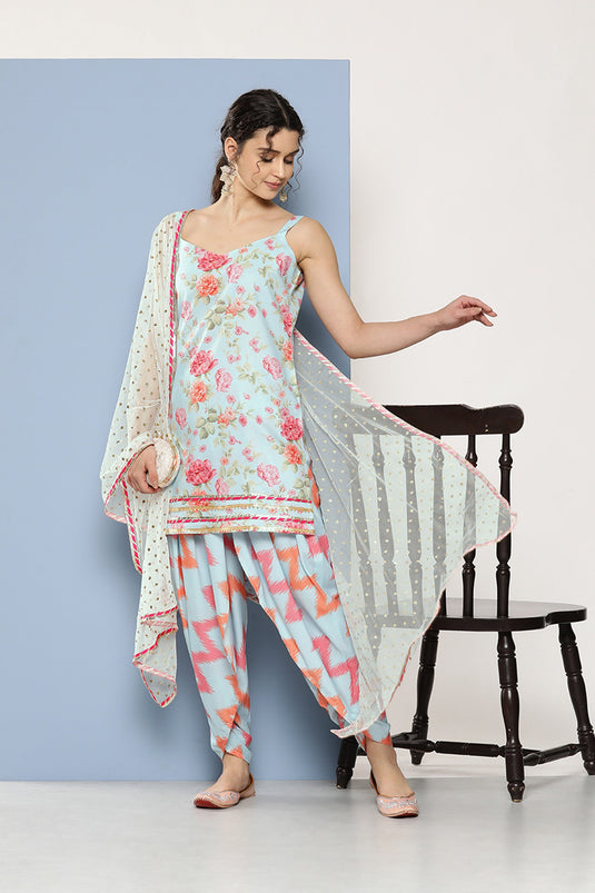 Exclusive Crepe Fabric Readymade Kurti Bottom Set In Sky Blue Color