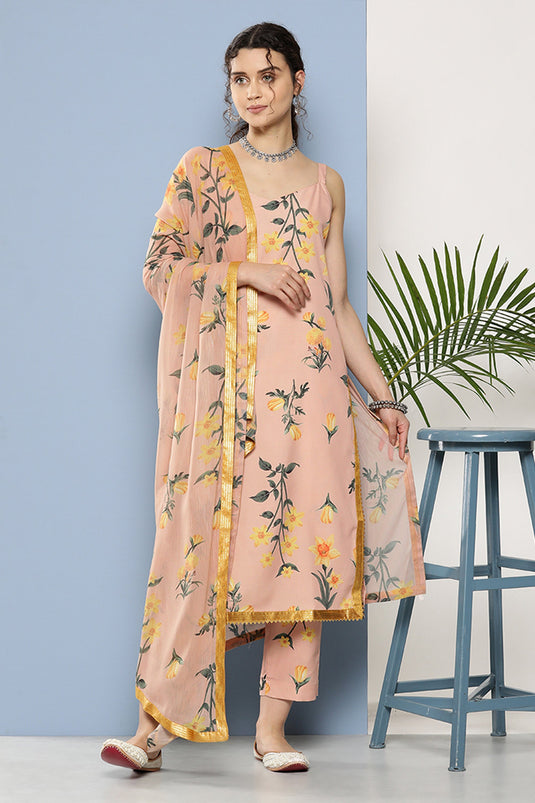 Exclusive Peach Color Crepe Fabric Readymade Printed Kurti With Bottom