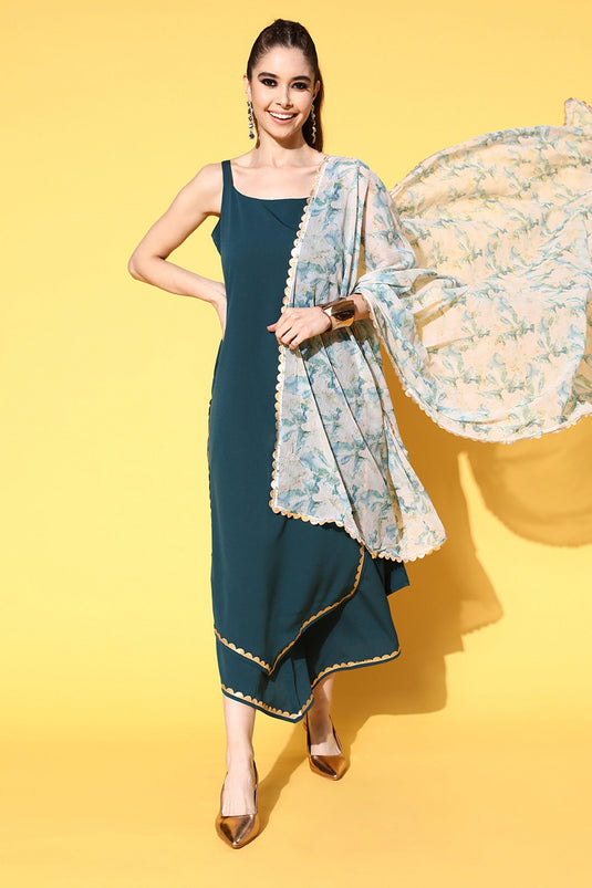 Exclusive Teal Color Crepe Fabric Readymade Kurti Bottom Set