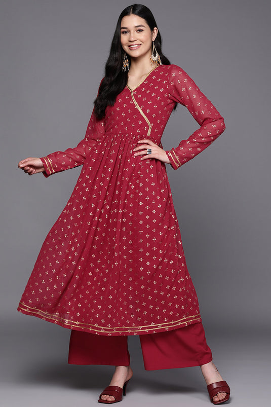 Exclusive Maroon Color Georgette Fabric Function Wear Printed Readymade Top With Bottom Set