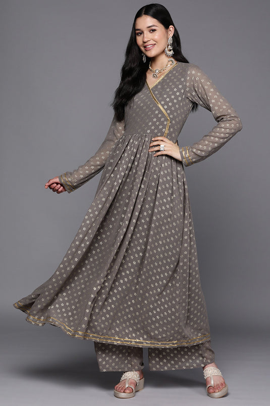 Exclusive Grey Color Georgette Fabric Festive Wear Printed Readymade Top With Bottom Set