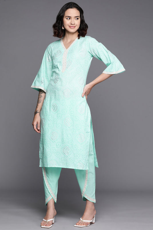 Exclusive Sky Blue Cotton Fabric Daily Wear Bandhani Printed Readymade Top With Bottom Set
