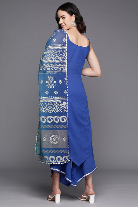 Exclusive Blue Cotton Fabric Festive Wear Solid Readymade Top With Bottom Dupatta Set