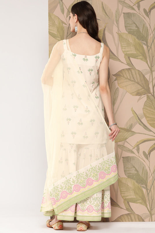 Exclusive Off White Crepe Fabric Daily Wear Floral Printed Readymade Top With Bottom Dupatta Set