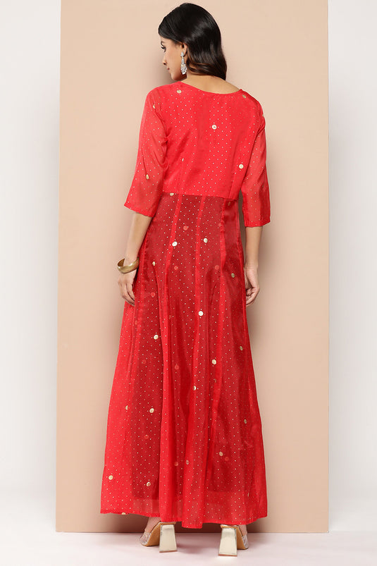 Exclusive Red Organza Fabric Festive Wear Bandhani Printed Readymade Top With Bottom Set