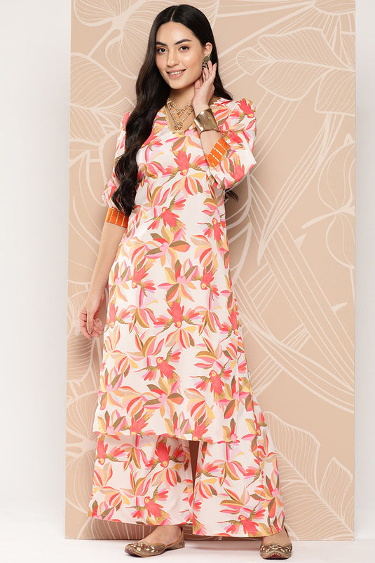 Exclusive Off White Crepe Fabric Casual Wear Floral Printed Readymade Top With Bottom Set