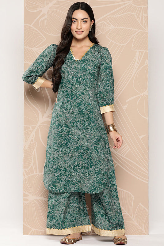 Exclusive Dark Green Crepe Fabric Function Wear Floral Printed Readymade Top With Bottom Set