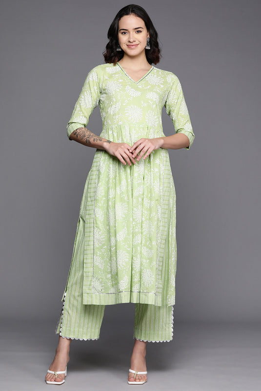 Exclusive Green Cotton Fabric Festive Wear Floral Printed Readymade Top With Bottom Set