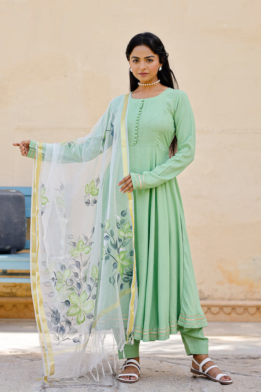 Exclusive Sea Green Color Cotton Fabric Hand Printed Readymade Top With Bottom Dupatta Set