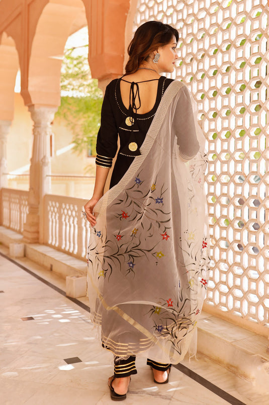 Exclusive Black Color Rayon Fabric Hand Printed Readymade Top With Bottom Dupatta Set