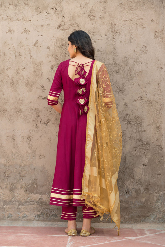 Exclusive Magenta Color Rayon Fabric Fancy Self Work Readymade Top With Bottom Dupatta Set