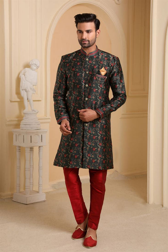 Dark Olive Color Jacquard Silk Wedding Wear Readymade Indo Western For Men