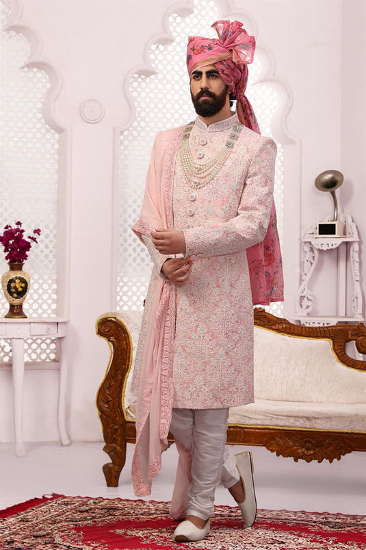 Fetching Pink Color Georgette Fabric Designer Groom Sherwani For Men