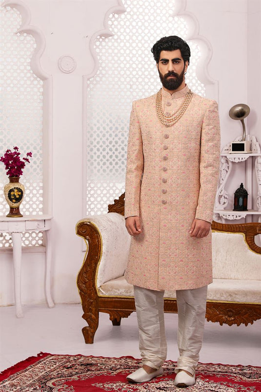 Splendiferous Peach Color Georgette Fabric Designer Groom Sherwani For Men