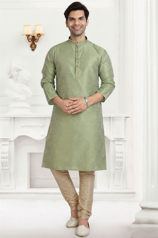 Sea Green Color Function Wear Classic Jaqurd Silk Fabric Kurta Pyjama