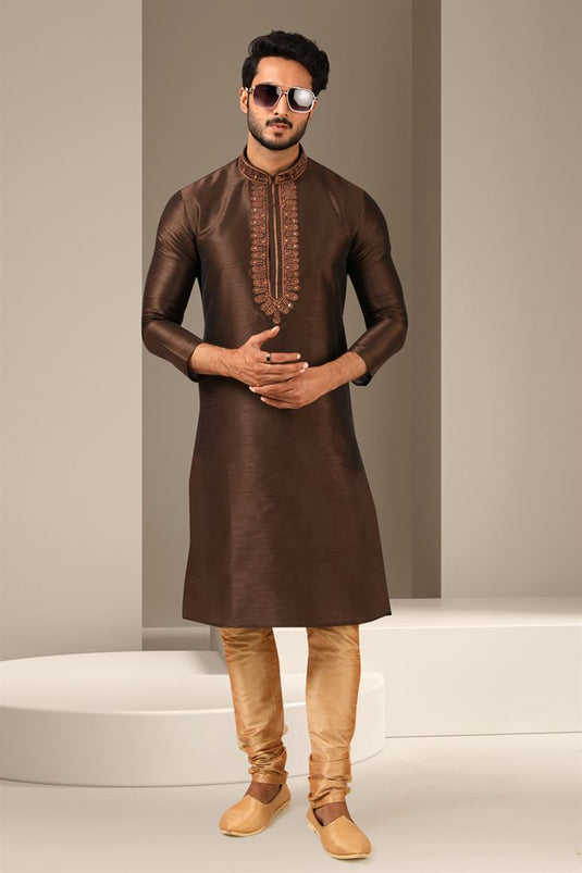 Engaging Brown Color Banarasi Art Silk Fabric Festive Wear Readymade Kurta Pyjama For Men