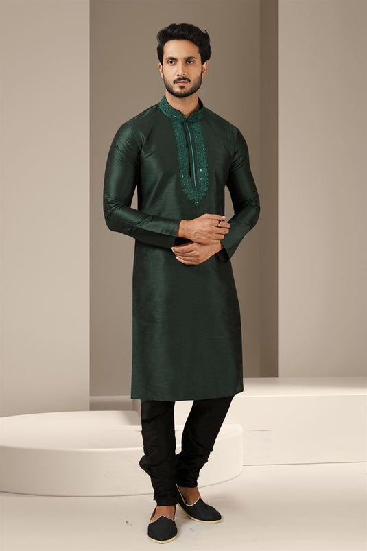 Captivating Teal Color Banarasi Art Silk Fabric Sangeet Wear Readymade Kurta Pyjama For Men