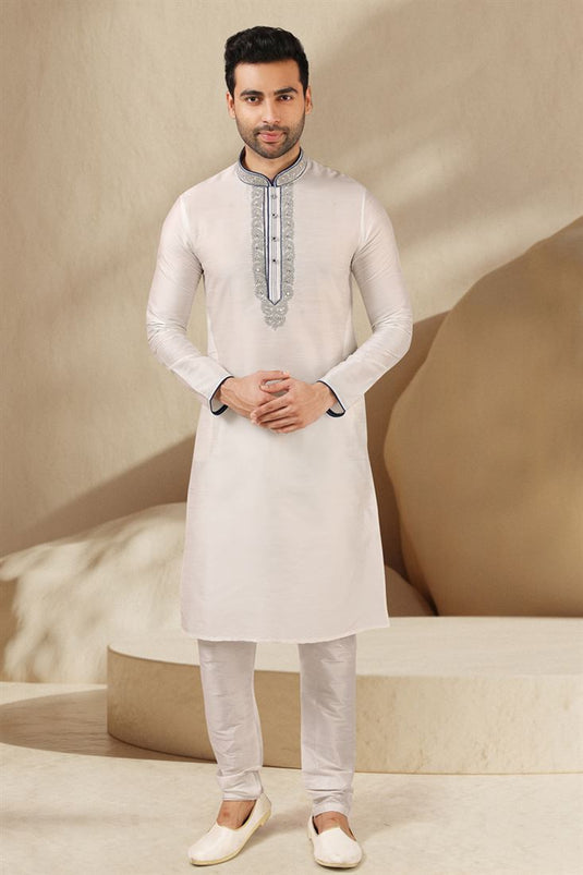 Fetching Off White Color Banarasi Art Silk Fabric Wedding Wear Readymade Kurta Pyjama For Men