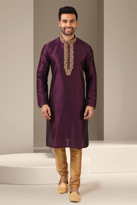 Striking Purple Color Banarasi Art Silk Fabric Function Wear Readymade Kurta Pyjama For Men